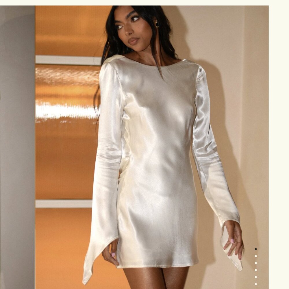 Meshki Cream Satin Backless Long Sleeve Mini Dress